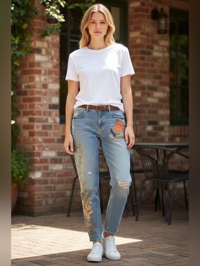 Women Embroidered Floral Light Blue mid rise Jeans 8 bohemian distress slim